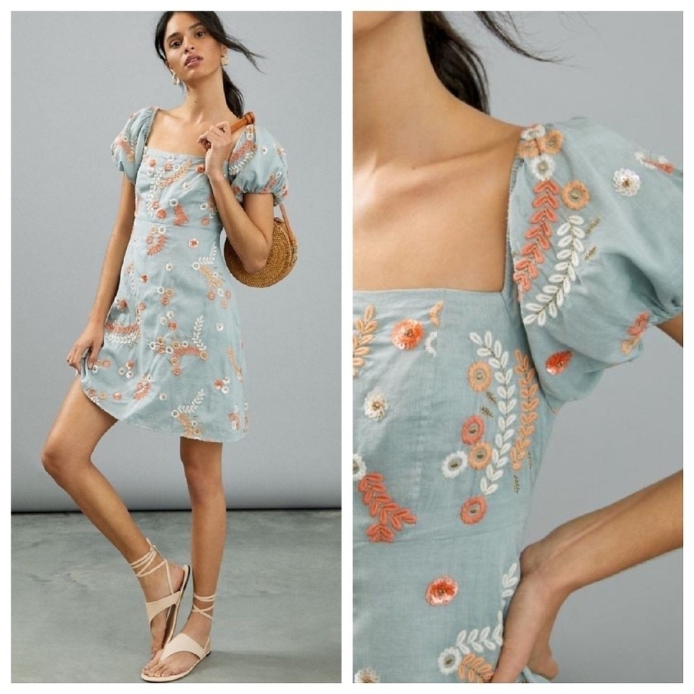 Let Me Be Anthropologie Embroidered Puff Sleeve Mini Dress Blue Floral Cotton‎ M